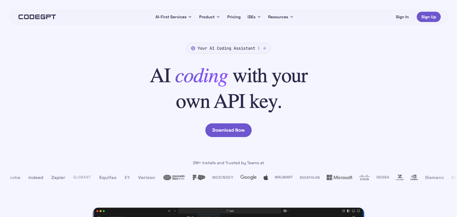 Aperçu de la page d'accueil de CodeGPT