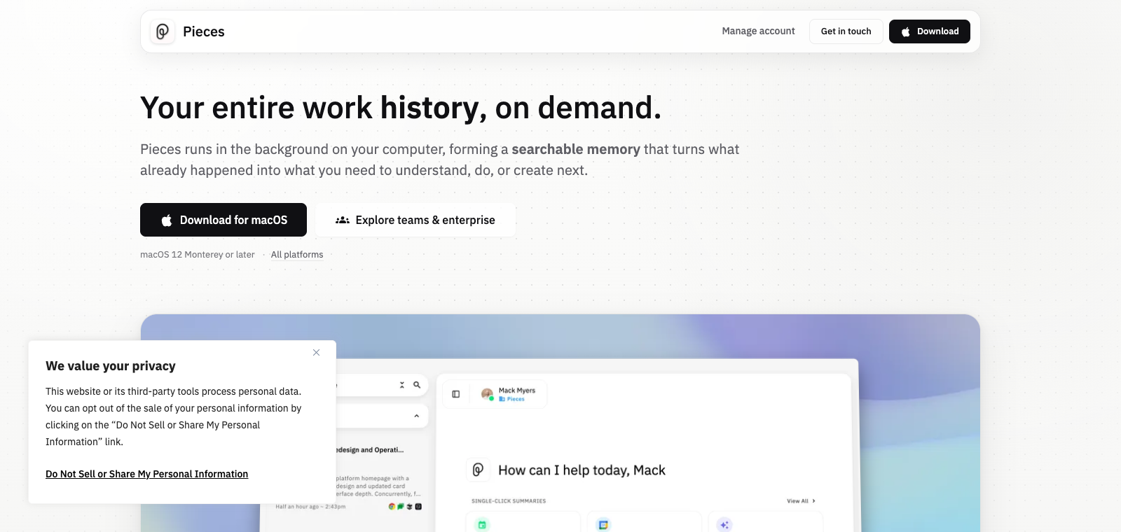 Pieces.app: Ambient Artificial Memory homepage preview