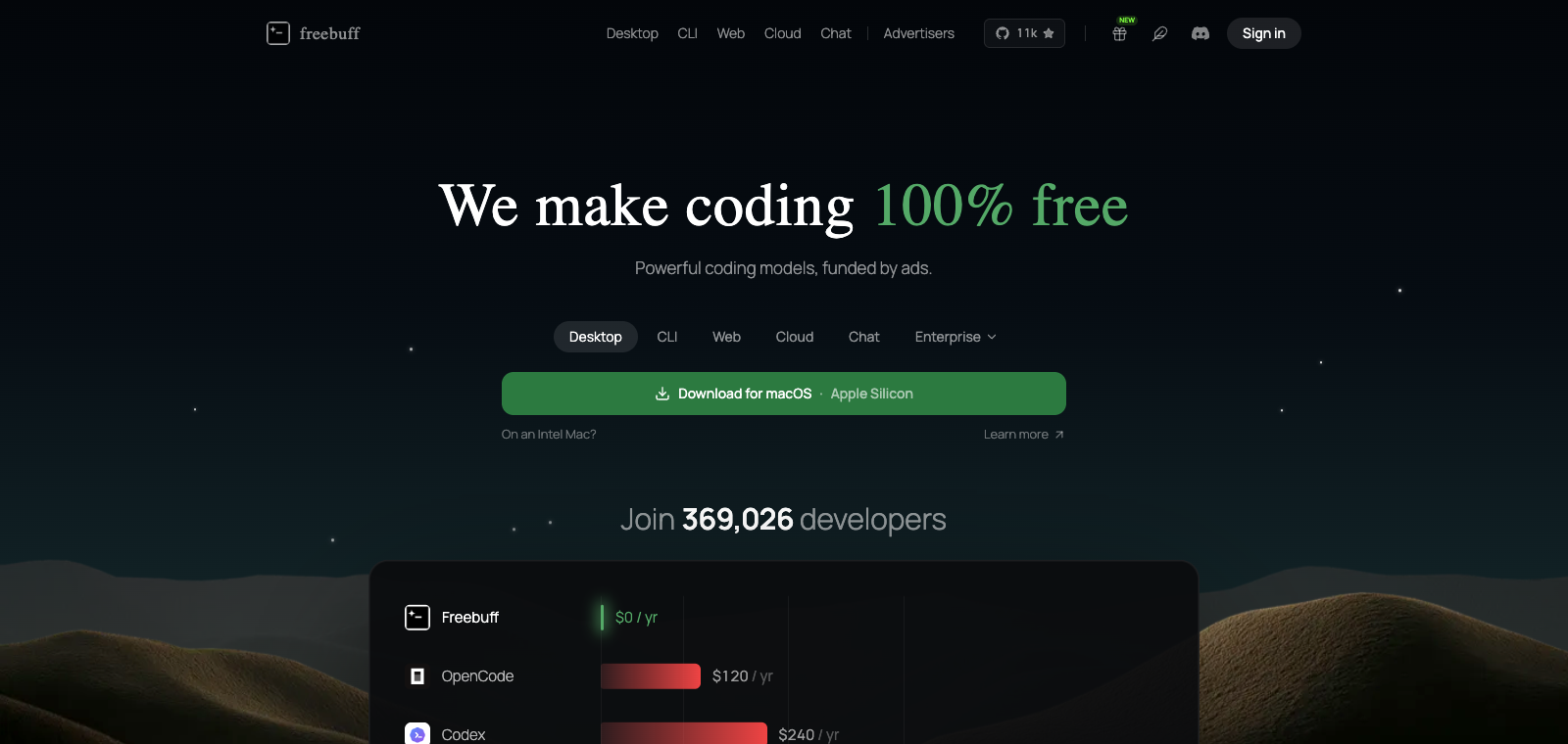 Zazen (Freebuff fork) homepage preview