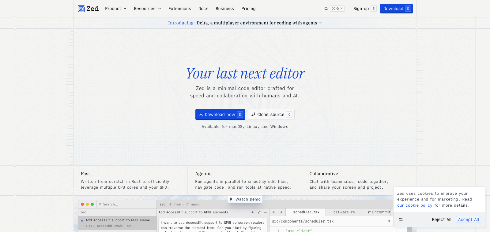 Zed Editor homepage preview