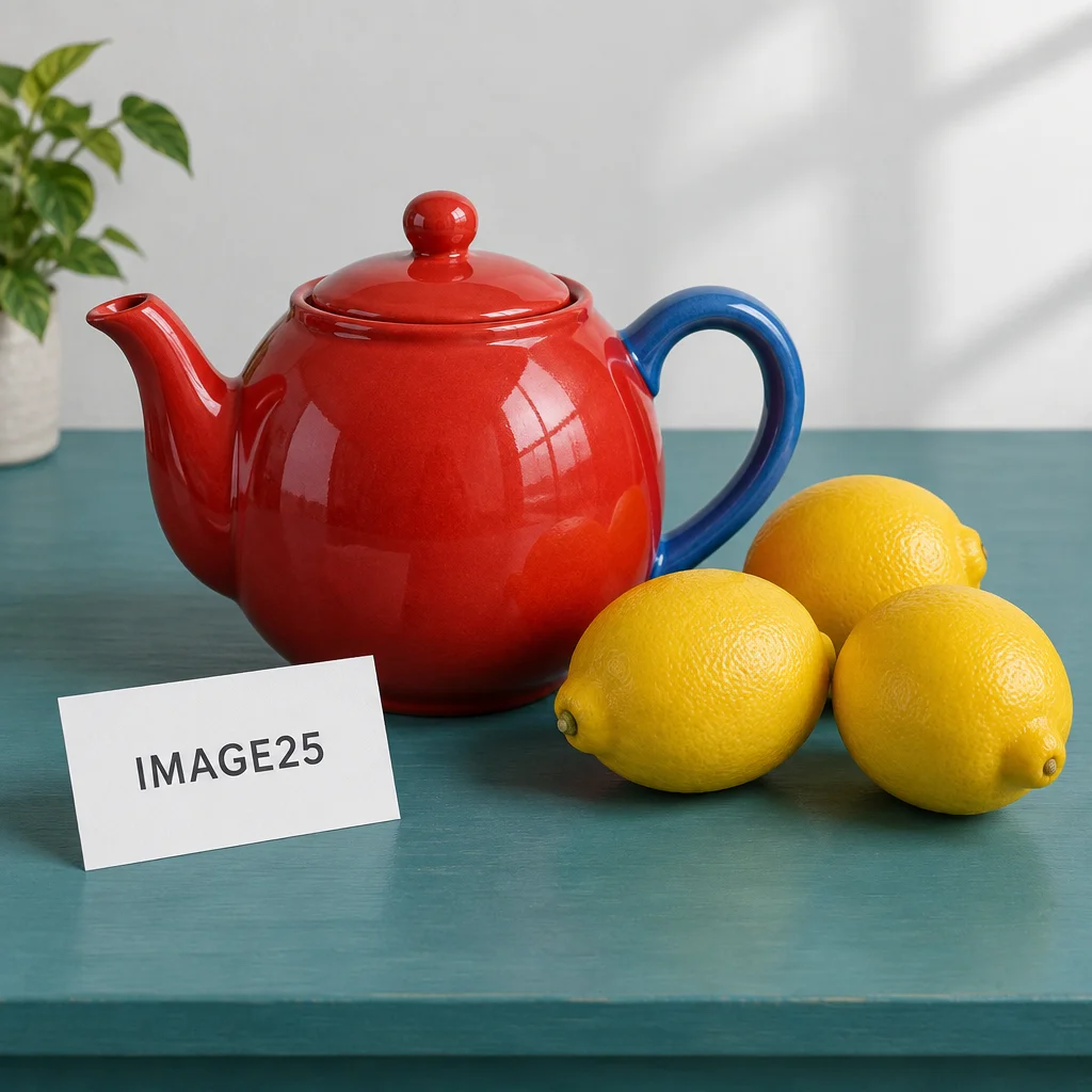 Product image generated by GPT-Image-2.5 Flare through APIMaster: a red teapot with a blue handle, three yellow lemons, and an IMAGE25 card on a teal table.