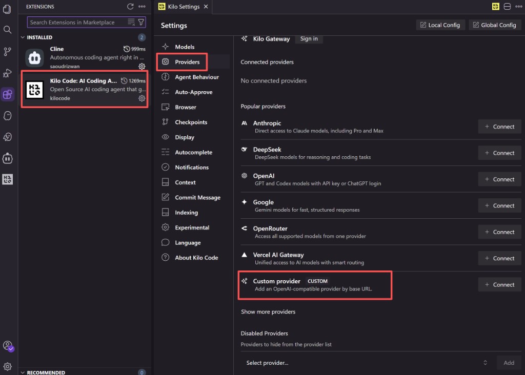 Kilo Settings → Providers